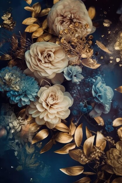 A blue background with flowers and gold leaves.