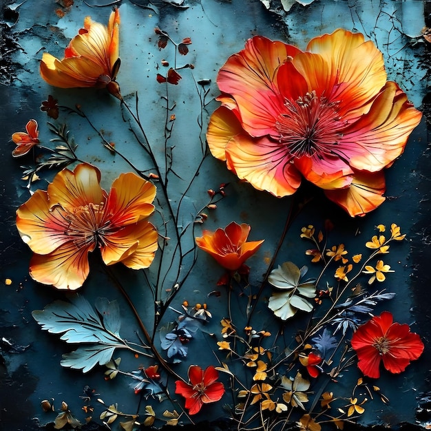 Photo a blue background with flowers and leaves that say hibiscus