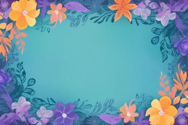 A blue background with flowers and leaves