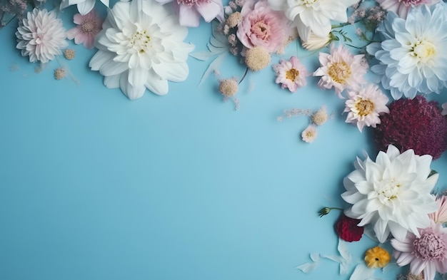 A blue background with flowers and a white frame