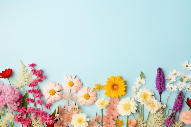 A blue background with flowers and the words