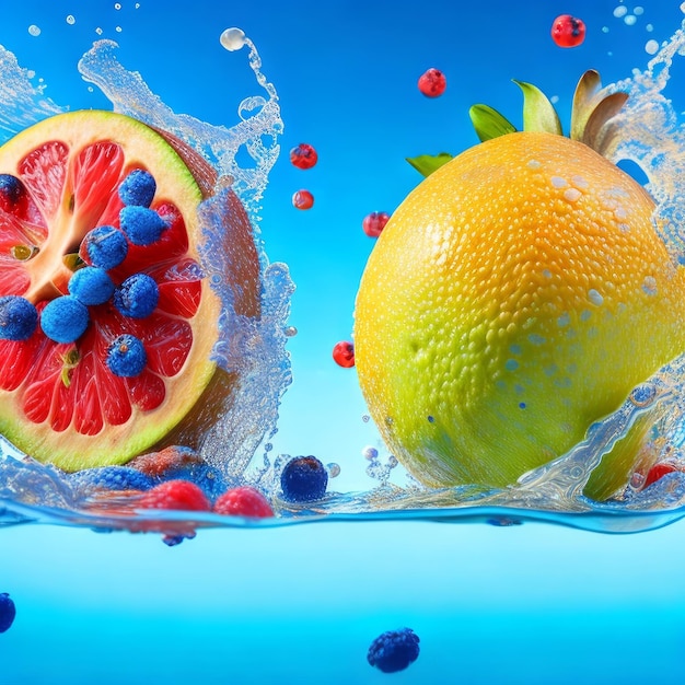 A blue background with a fruit and a blue background.