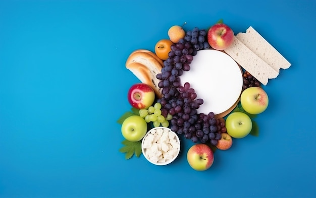 A blue background with fruits and cheese in the middle