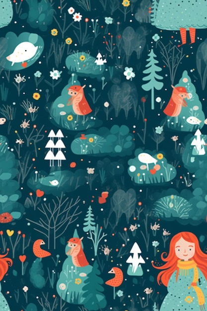 A blue background with a girl and a forest with a red hair and a forest with a forest and a bird.