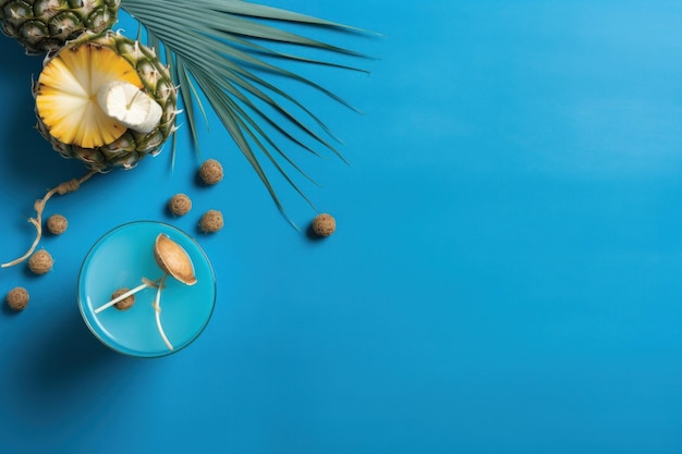 A blue background with a glass of pineapple juice and a coconut on it