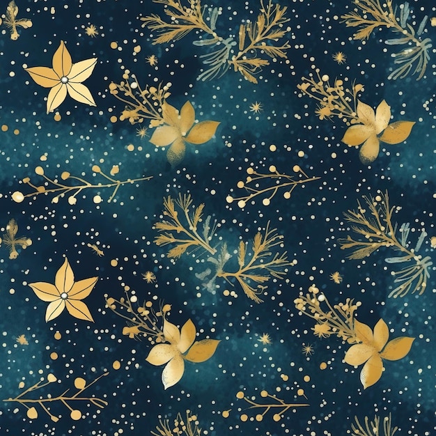 A blue background with gold flowers and leaves generative ai image