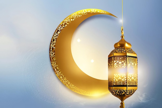 A blue background with a gold lantern and a crescent moon.