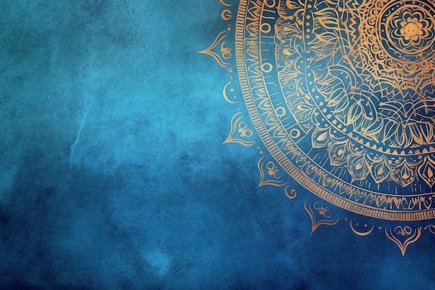 A blue background with a gold mandala design.