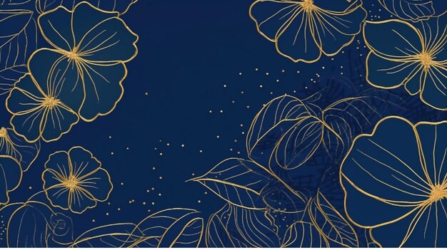 Синий фон с золотым узором из цветов и листьев.