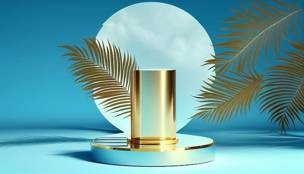 A blue background with a gold podium and a palm leaf on it