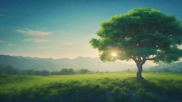 A blue background with a green tree in the middle