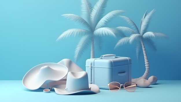 A blue background with a hat, sunglasses, and a suitcase.