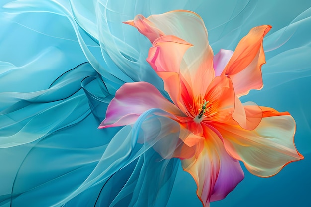 A blue background with an image of a colorful flower