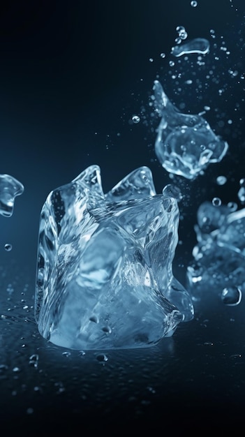 A blue background with a large ice cube in the water.