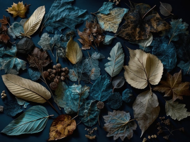 A blue background with leaves and a bunch of leaves.