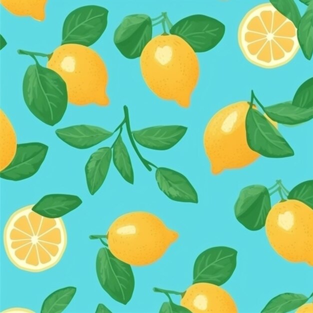 A blue background with lemons and leaves on it generative ai