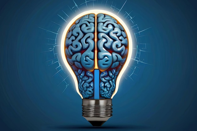 Blue background with lightbulb shaped like a brain Creative ideas and brainstorming concept