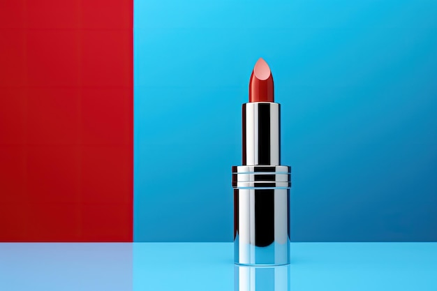 Photo blue background with lipstick on podium