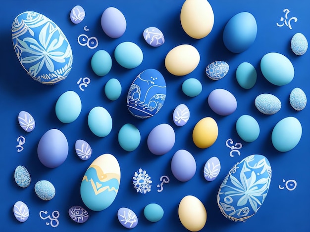 A blue background with a lot of eggs and a picture of a bird on it.