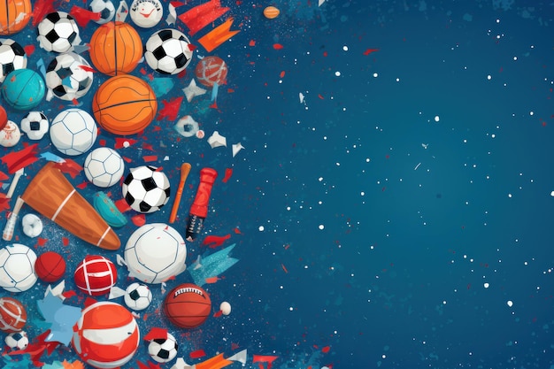 A blue background with a lot of sports balls and a sports theme.