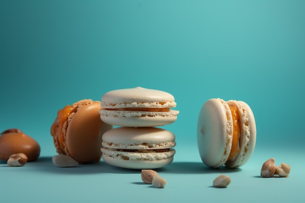 A blue background with macaroons and other desserts on it