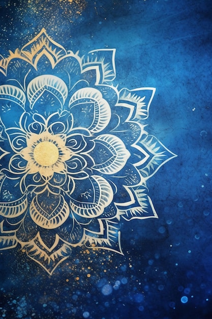 A blue background with a mandala design.