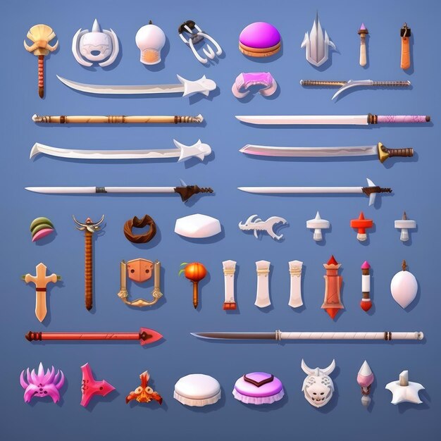 Photo a blue background with many different items including a sword, a sword, a sword, and a sword.