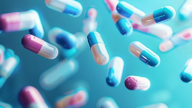 синий фон с множеством различных таблеток и капсул