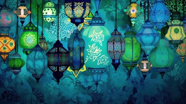 A blue background with many hanging lamps with the words " e " on it.