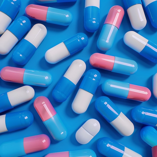 a blue background with many pills including one that saysok