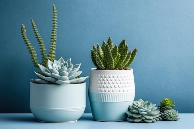 A blue background with matching white pots housing succulent plants