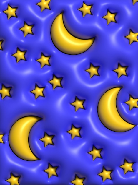 Blue background with moon and stars puffed up figures 3d rendering illustration