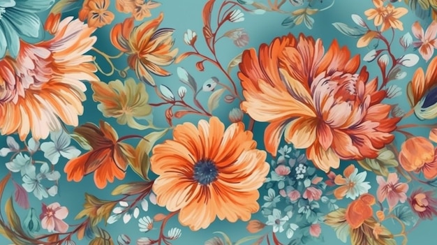 A blue background with orange flowers and leaves.