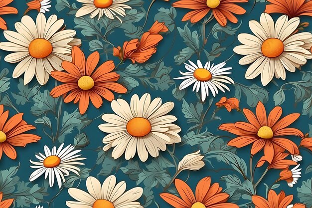 a blue background with orange and white flowers and a yellow one