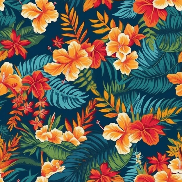 Photo a blue background with orange and yellow flowers and leaves generative ai