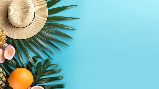 A blue background with palm leaves and a hat with a straw hat on it.