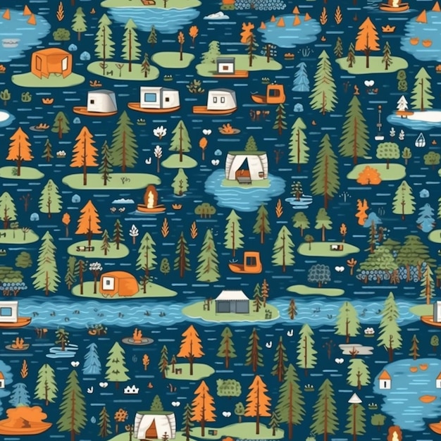 A blue background with a pattern of a camp site and trees generative ai