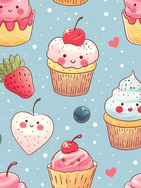 Foto uno sfondo blu con un disegno di cupcakes e fragole