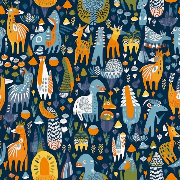 A blue background with a pattern of various animals and plants generative ai