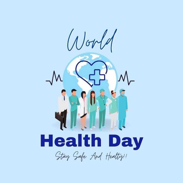 a blue background with people in a circle and a heart that sayshealth day