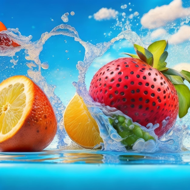 Photo a blue background with a picture of fruit and water splashing.