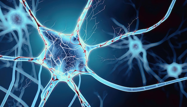 Foto uno sfondo blu con l'immagine di un neurone e le parole neurone sulla sinistra