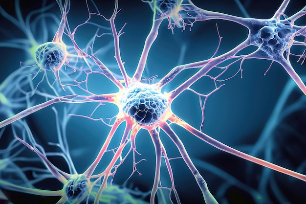 a blue background with a picture of neurons and the words " brain " on the right side.