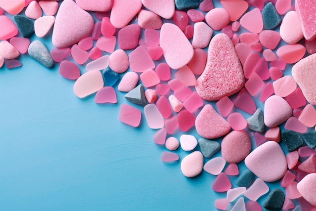 A blue background with pink and blue heart shaped rocks.