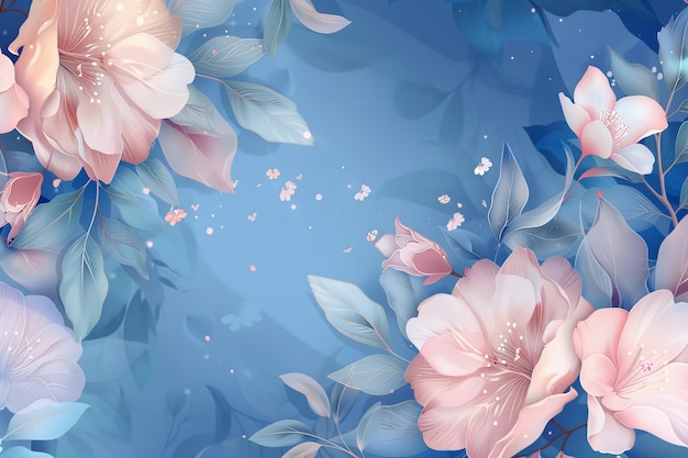 분홍색 꽃 과 잎 이 있는 파란색 배경
