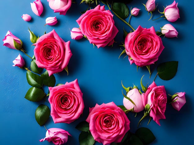 A blue background with pink roses and one of them is made by the company of the company.