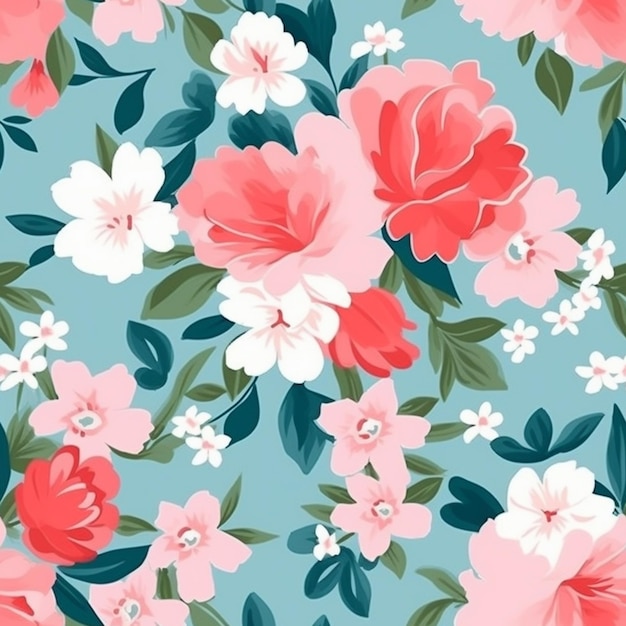 a blue background with pink and white flowers and leaves generative ai