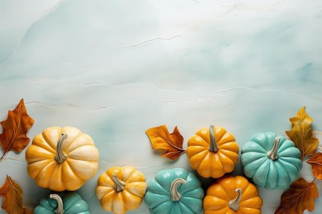 Blue background with pumpkins and autumn leaves thanksgiving day holiday concept generative ai