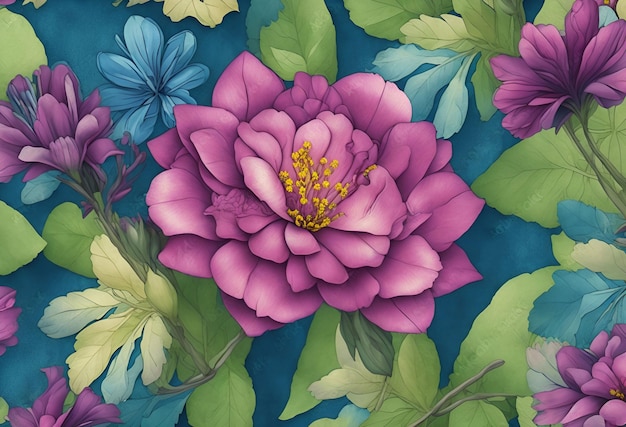 A blue background with a purple flower and leaves.