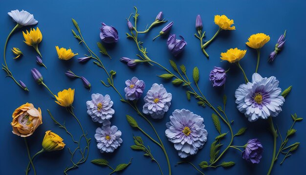 보라색 꽃이 있는 파란색 배경과 봄이라는 단어가 있는 녹색 줄기.